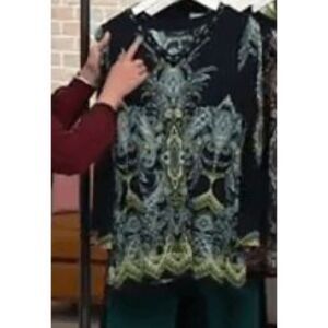 Susan Graver Womens 3X Embellished Artisian Paisley Tunic Navy Blue V Neck NWT